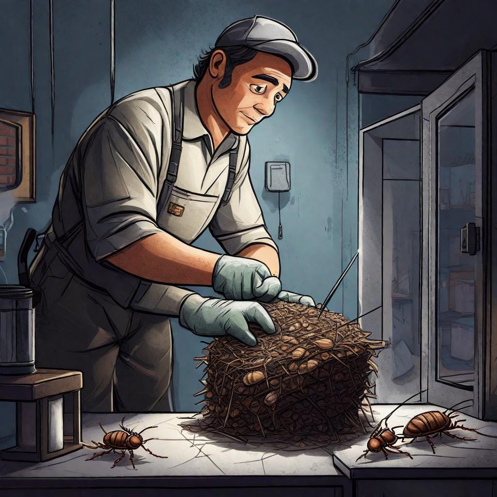 A captivating illustration depicting a professional pest control technician inspecting a hidden cockroach nest in an urban household. The scene showcases the technician's knowledge-based approach to eradication, with various tools and equipment at their disposal. The color temperature is neutral, representing professionalism and expertise. The lighting is focused, highlighting important details and creating a sense of intensity

