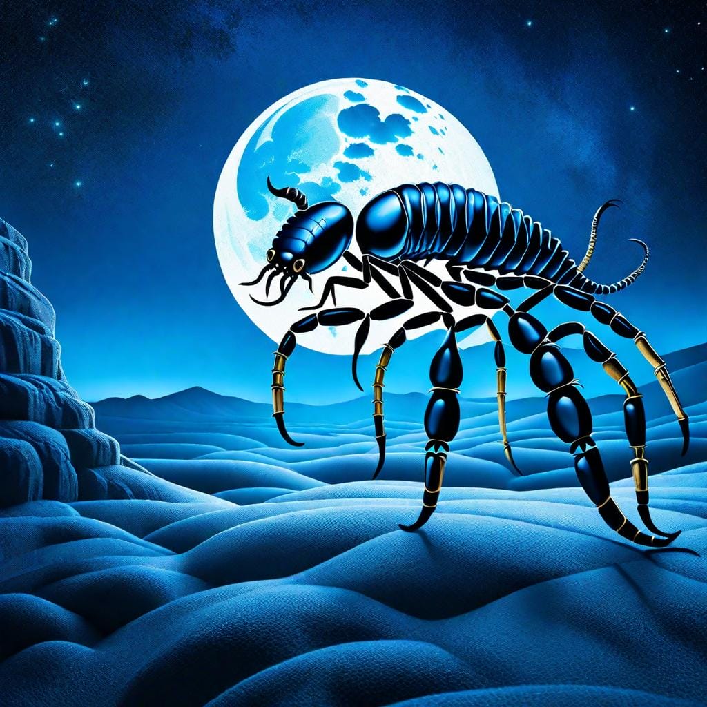An enchanting stills image showcasing the nocturnal nature of scorpions. The digital illustration captures a scorpion under a moonlit sky, surrounded by darkness and shadows. Inspired by the works of surrealist painter Salvador Dalí, this artwork portrays the mysterious allure of scorpions during the night. The color temperature is cool, with shades of blue and dark tones creating a sense of tranquility. The lighting is soft, illuminating the scorpion's body and emphasizing its unique features