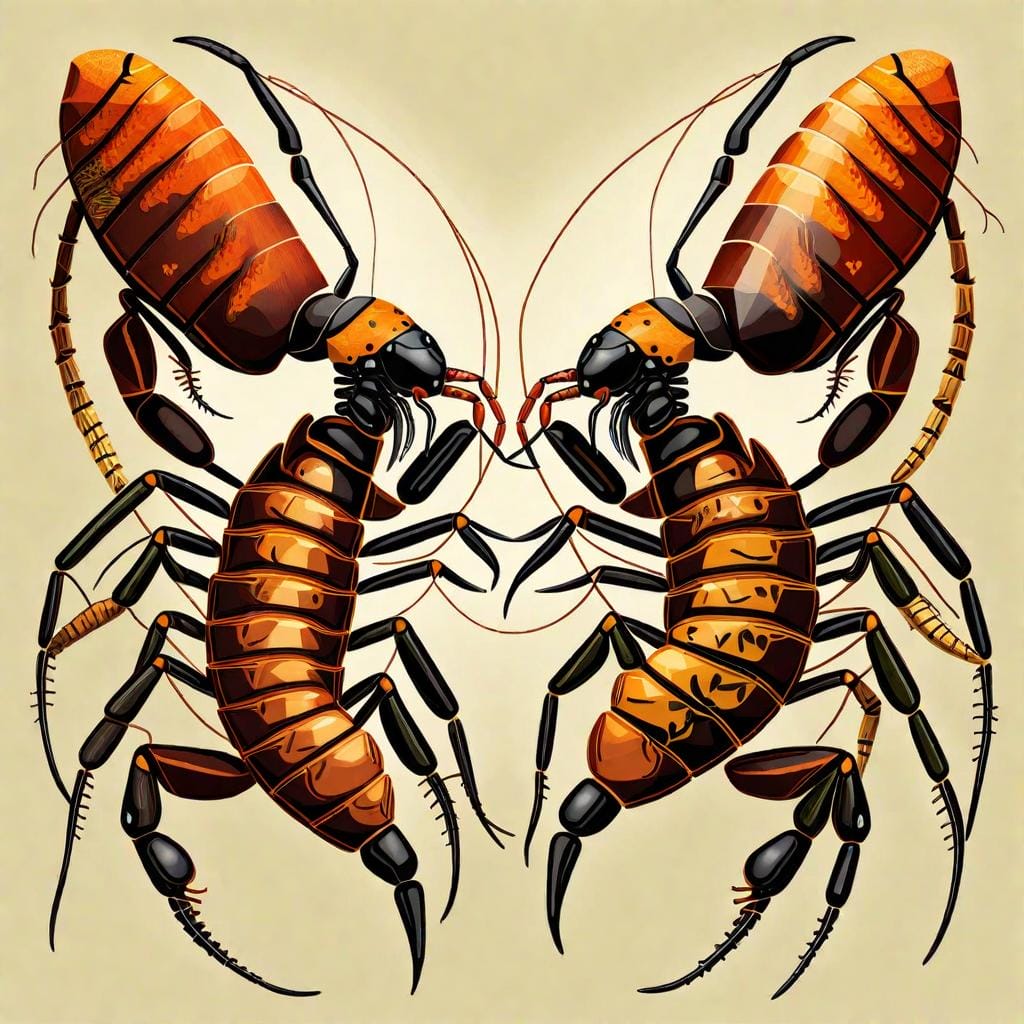A captivating digital illustration revealing the mesmerizing mating rituals of scorpions. The artwork showcases two scorpions engaged in an intricate dance, displaying their courtship behavior. Inspired by the works of wildlife illustrator Charley Harper, this illustration highlights the elegance and grace in scorpion mating. The color temperature is vibrant, with contrasting hues to represent the different scorpion species. The lighting accentuates the details of the scorpions' bodies and their synchronized movements
