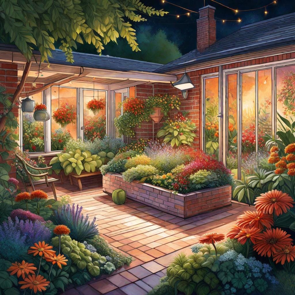 A striking digital illustration representing the practical measures homeowners can take to deter scorpions. The artwork showcases a well-maintained garden with scorpion-repellent plants and a tidy outdoor space. Inspired by the works of botanical illustrator Margaret Mee, this illustration combines beauty and functionality. The color temperature is fresh and vibrant, with an abundance of greens and colorful flowers. The lighting is natural, accentuating the cleanliness of the surroundings