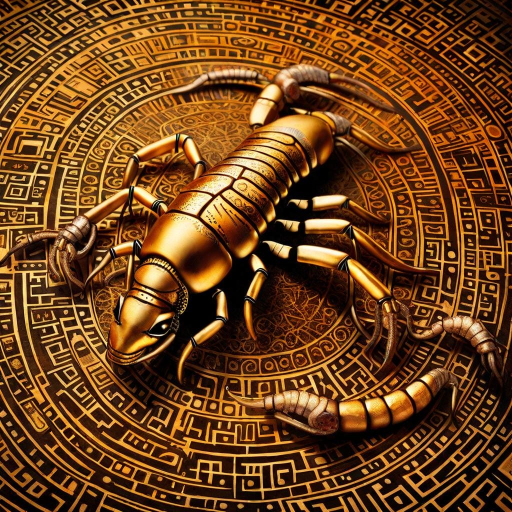 An intriguing stills image depicting the cultural significance of scorpions throughout history. The illustration showcases ancient artifacts and symbols associated with scorpions from different cultures around the world. Inspired by the works of Gustav Klimt, this artwork captures the mystical allure of scorpions in human mythology. The color temperature is rich and golden, symbolizing the cultural importance of scorpions. The lighting adds a touch of mysticism, highlighting the intricate details of the artifacts