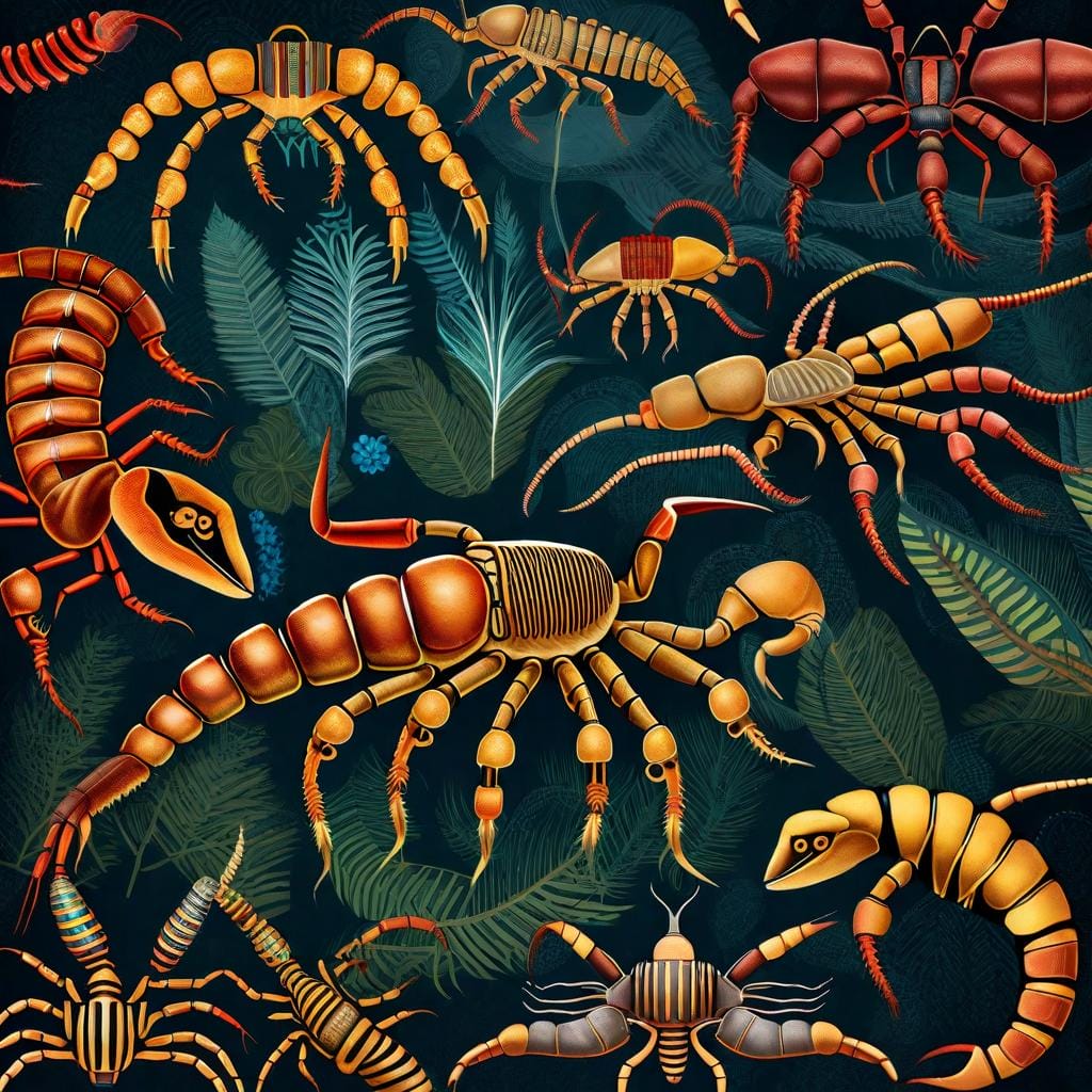 An intricate digital illustration capturing the evolution of scorpions, starting from their ancient origins as arachnids to their diverse species today. The artwork showcases different stages of scorpion evolution, with vibrant colors and detailed anatomy. Inspired by the works of scientific illustrator Ernst Haeckel, this illustration highlights the fascinating journey of scorpions through time. The color temperature is warm, reflecting the prehistoric landscapes scorpions once roamed. The lighting creates a sense of depth and highlights the intricate details of each stage