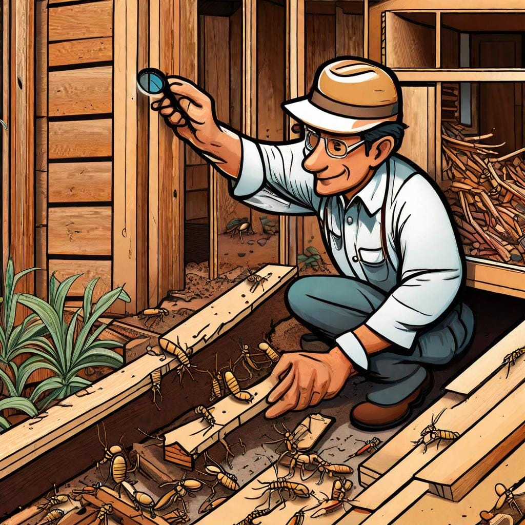 a professional inspector examining the wooden foundation of a house with a magnifying glass, while termites swarm nearby. The image captures the importance of early detection and prevention. Artwork, digital illustration, vibrant colors to highlight the termites and structural elements