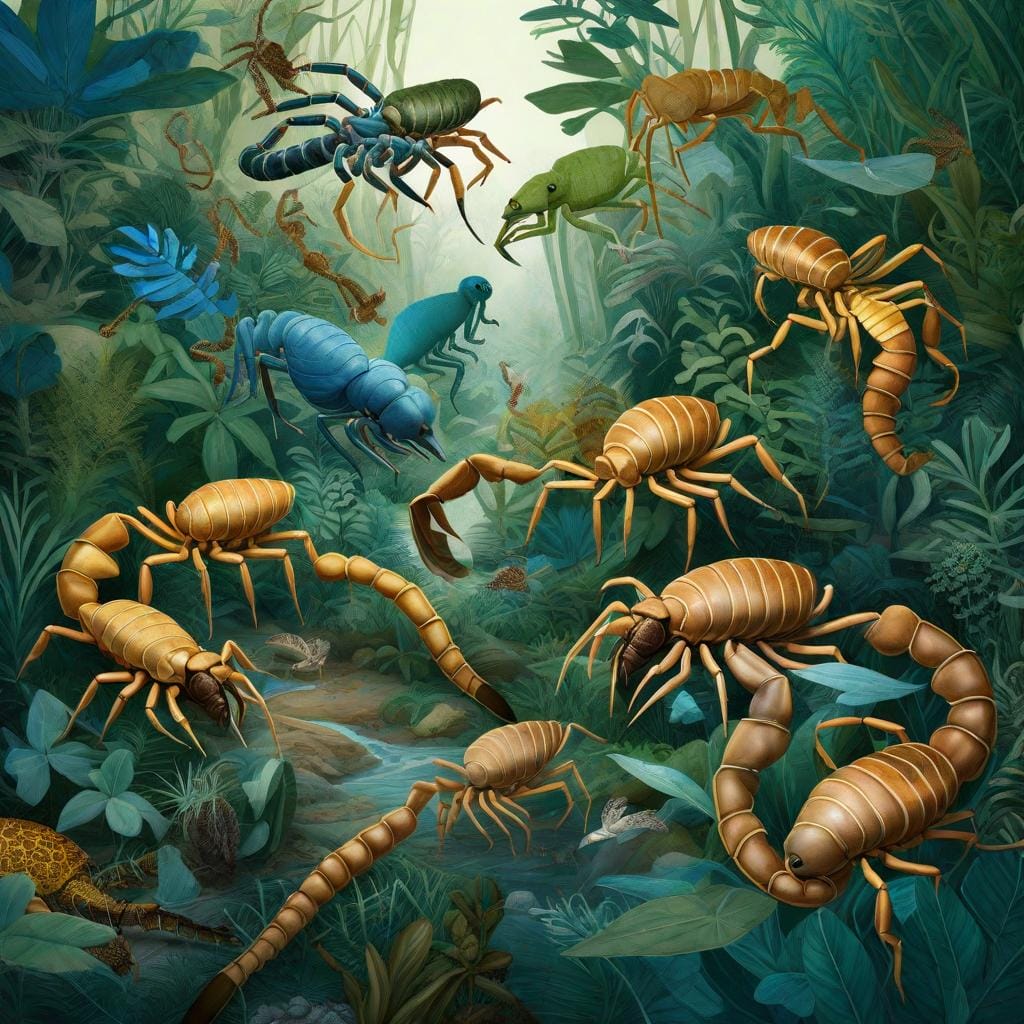 A mesmerizing stills image portraying the food chain within the scorpion's ecosystem. The digital illustration depicts the different species that scorpions interact with, from insects to small mammals. Inspired by the illustrations of naturalist John James Audubon, this artwork showcases the intricate interconnections in the ecosystem. The color temperature is vibrant, with rich greens, blues, and earth tones portraying the diversity of the environment. The lighting creates a sense of depth and illuminates the various species in meticulous detail