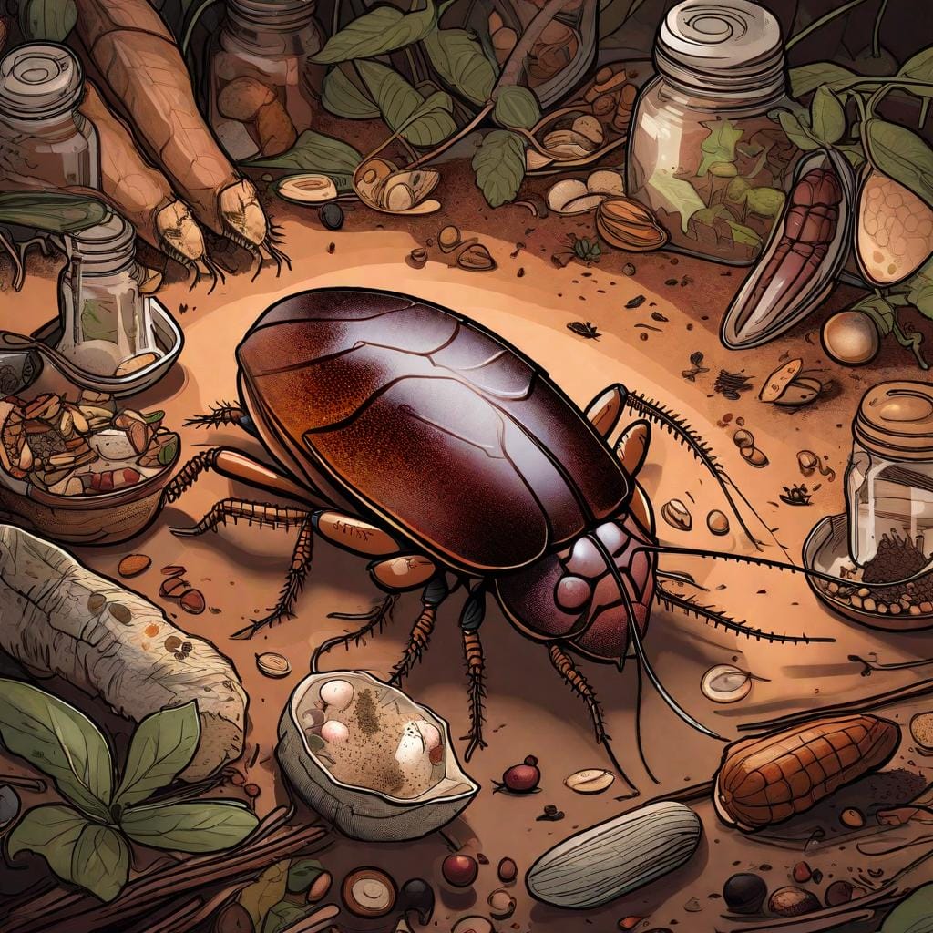An intricate digital illustration capturing the lifecycle of a cockroach, showcasing a female roach laying eggs while surrounded by a variety of food scraps and organic materials. The colors used in this illustration are earthy tones to represent the environments where cockroaches thrive. The facial expression of the roach is focused and determined. The lighting in the scene is dim, representing the darkness that attracts cockroaches.
