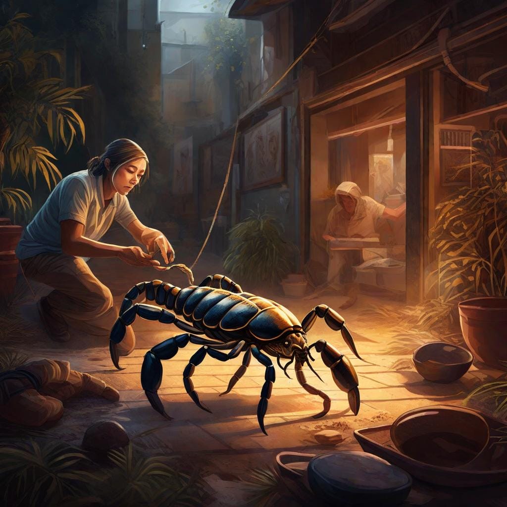 A captivating digital illustration capturing a moment of tension as someone encounters a scorpion. The person is carefully using safe handling and removal tactics, ensuring their own safety. The scorpion's distinctive features are highlighted for correct identification. The color temperature is heightened, creating a sense of urgency. The lighting is sharp, accentuating the details of the scene