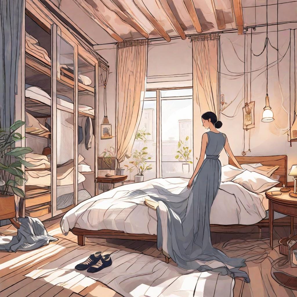 An enchanting illustration depicting a serene bedroom, with a person diligently shaking out their shoes and inspecting their bedding before climbing in. The bed is positioned away from the walls and clutter-free, promoting a safe sleeping environment. Bed netting is elegantly draped over the bed, giving an extra sense of protection. The color temperature is calming and cool, evoking a peaceful atmosphere