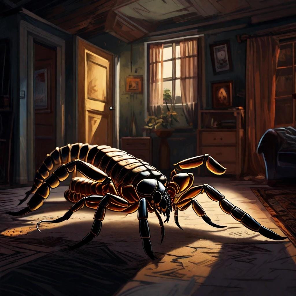 An intense digital illustration showcasing a scorpion crawling towards a bedroom, with a sense of danger and suspense in the air. The scorpion's menacing appearance is emphasized, with its sharp stinger and armored body. The color temperature is dark and foreboding, creating a sense of unease. The lighting is dim, casting eerie shadows, while the atmosphere is filled with anticipation