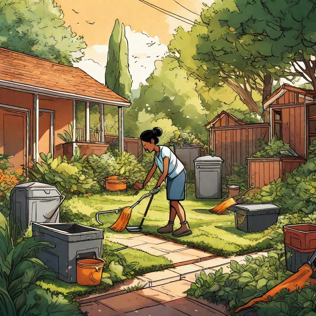A vibrant illustration displaying a well-maintained yard, with a person diligently cleaning up debris to eliminate potential scorpion hideouts. The greenery is vibrant and lush, inviting a sense of serenity. The person is shown sealing garbage and compost bins tightly, emphasizing the importance of proper waste management. The color temperature is warm, representing a welcoming and safe outdoor space