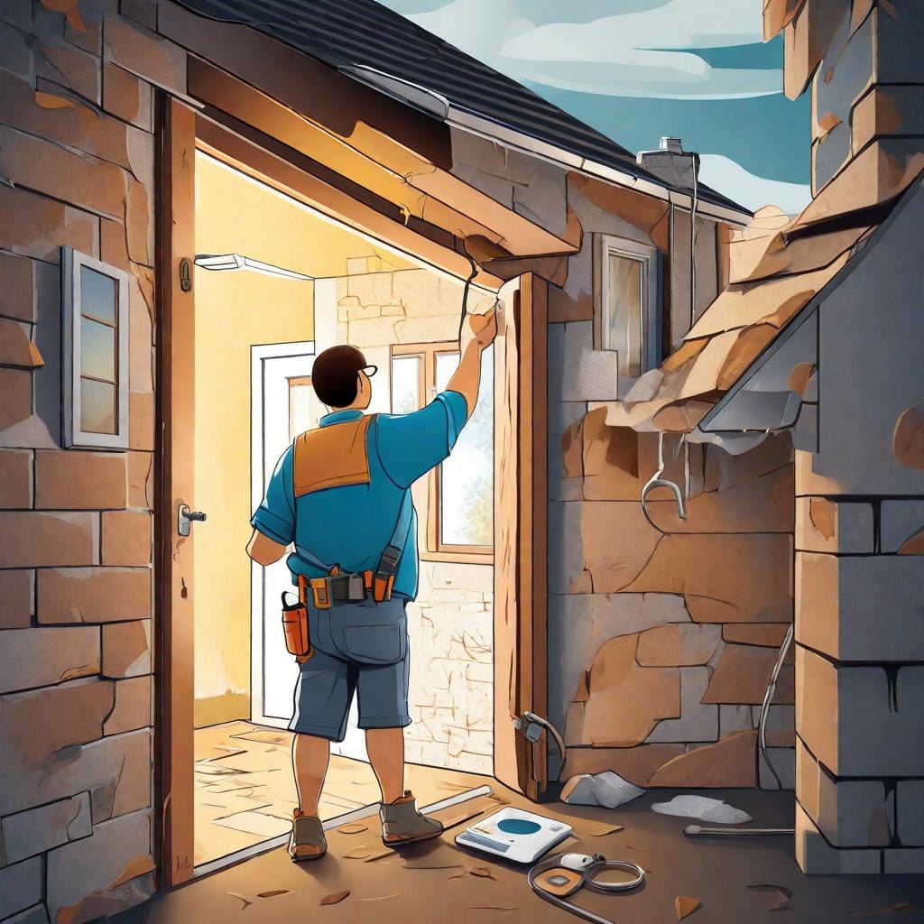 A captivating digital illustration featuring a home surrounded by cracked walls and crevices, symbolizing the need for regular home maintenance. The homeowner is shown inspecting and repairing these vulnerabilities, emphasizing the importance of sealing doors, windows, and vents properly. The color temperature is neutral, reflecting the practicality of the task. The lighting is bright, highlighting the homeowner's determination