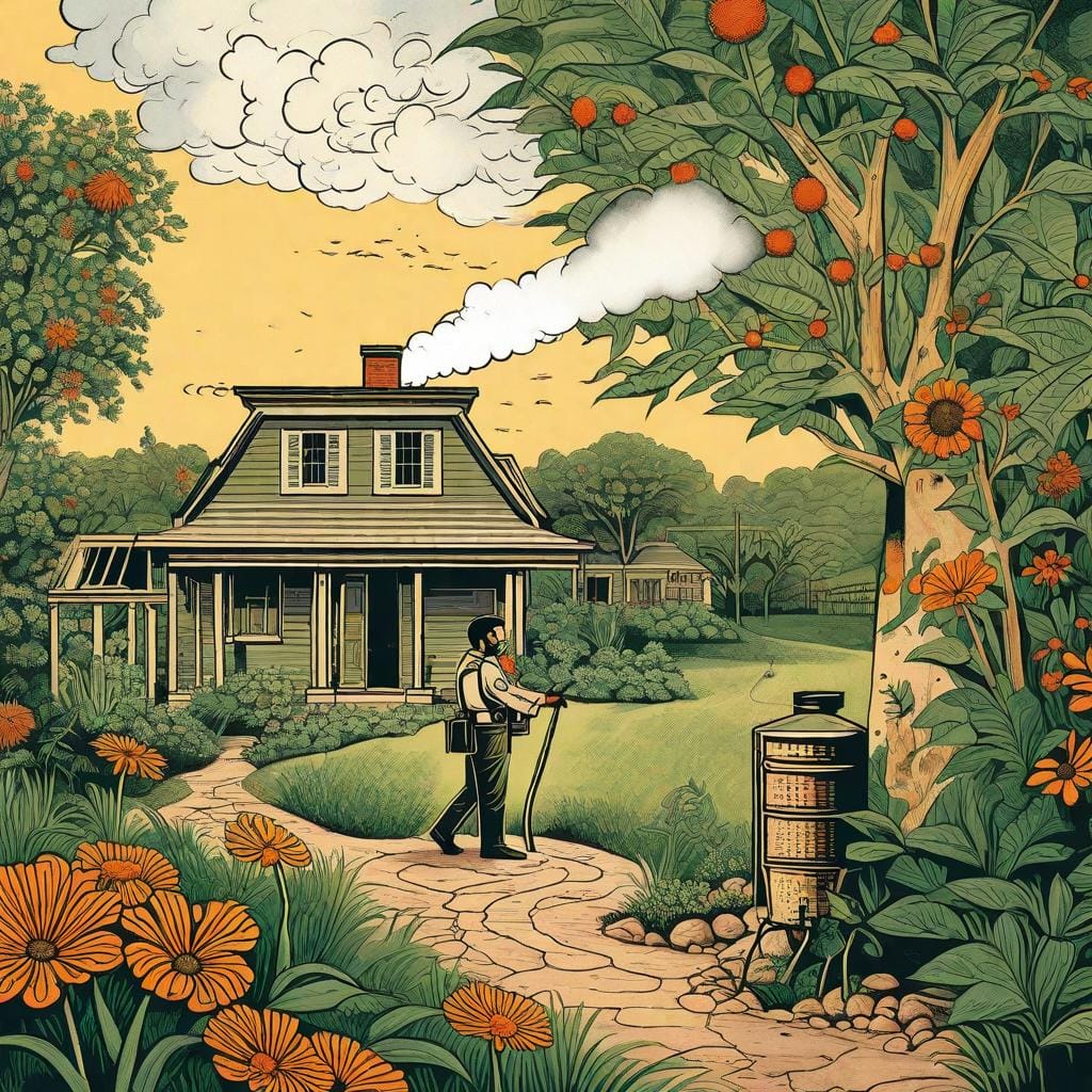 An evocative illustration portraying the environmental implications of termite control methods. It will depict a serene natural landscape with blooming flowers and lush greenery, contrasting with a scene of a house being fumigated with strong chemical-based treatments. The image will convey the potential harm caused by excessive reliance on chemicals, with a somber color temperature and expressions of concern on the faces of the surrounding wildlife.

