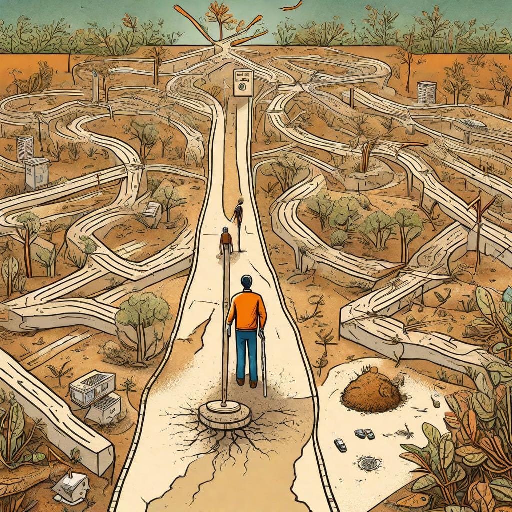 A thought-provoking digital illustration representing the factors influencing decision making in termite control. It will feature a person standing at a crossroads, with one path leading towards a traditional termite bond, and the other path offering alternative pest control methods. The illustration will use symbolic imagery, such as scales of justice, representing the balance of cost and benefit. The color temperature will be neutral, and the lighting will emphasize the person's contemplative expression

