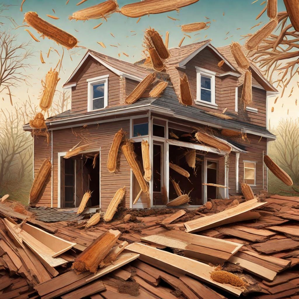 A captivating digital illustration showcasing the financial implications of termite damage. It will depict a split-screen scene where, on one side, a beautifully maintained home stands free of termites, while on the other side, the same home is crumbling and damaged by severe termite infestation. The color temperature will be warm and cool, symbolizing the contrast between safety and destruction. The lighting will emphasize the details of the damaged structure, with expressions of shock and concern on the homeowner's face

