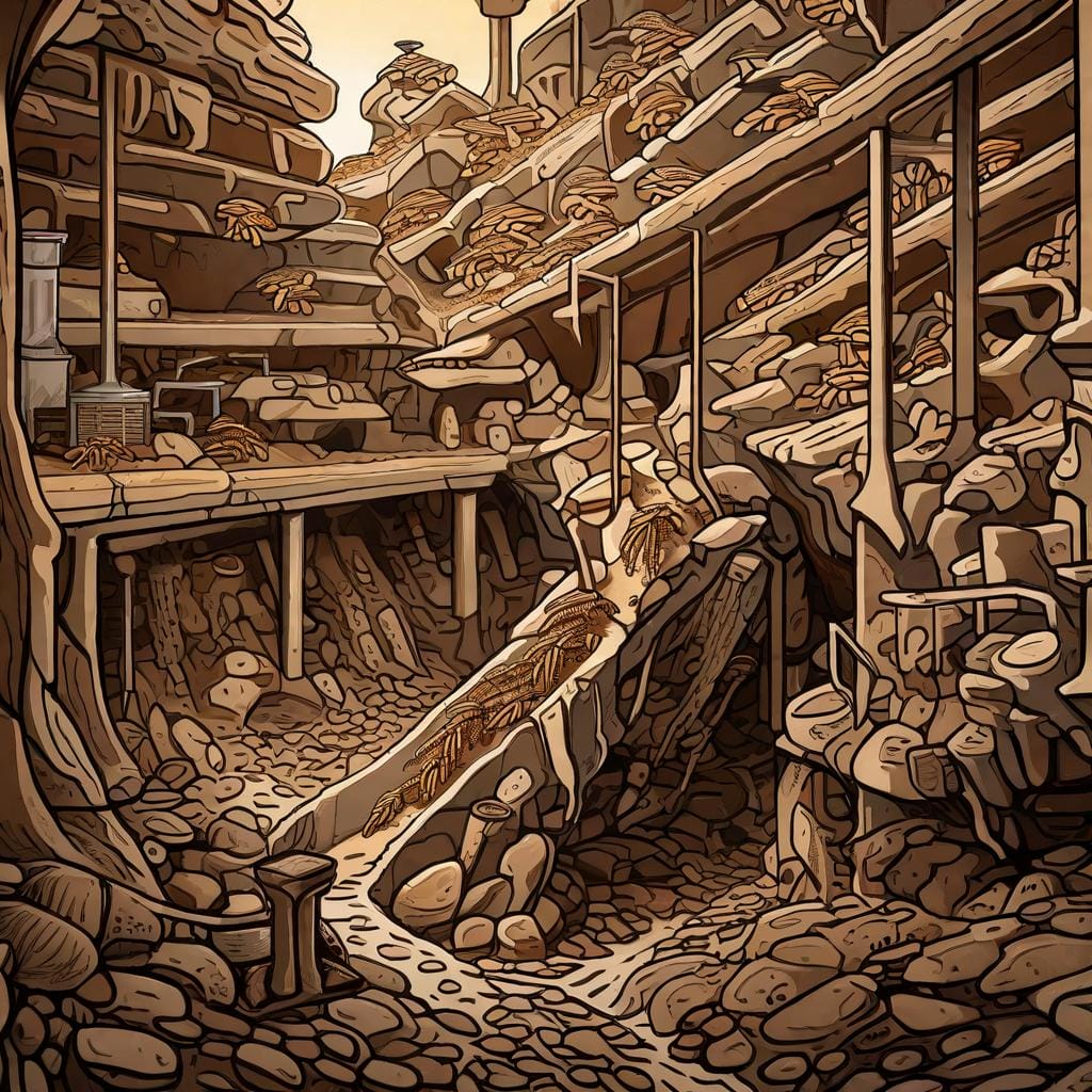 A detailed digital illustration of a subterranean termite colony underground, showing the intricate tunnels and chambers,