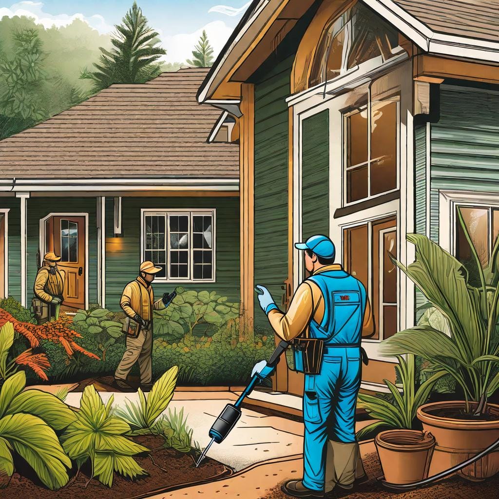 An illustration capturing the essence of termite control, showing a homeowner inspecting their property for signs of termite infestation, with magnifying glass in hand, while professional pest control experts in protective gear analyze the situation. The artwork will be a digital illustration with a realistic style, highlighting the contrasting colors of the home and the surrounding plant life. The overall ambiance will be bright and hopeful, with facial expressions showing determination and relief

