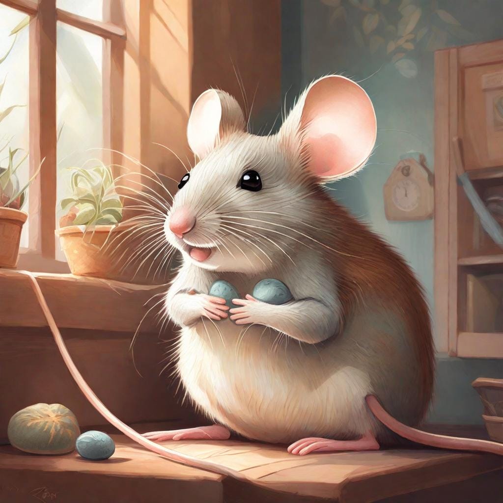 A detailed digital illustration of a mouse its natural habitat, showcasing its physical characteristics, keen senses, and typical behavioral patterns, inspired by the works of Beatrix Potter, soft pastel color palette, curious and alert expression, natural lighting, cozy and inviting atmosphere.