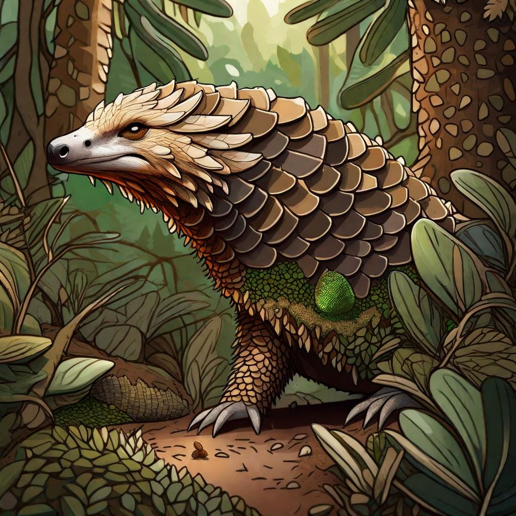 A detailed digital illustration showcasing a pangolin covered in termites using its specialized scales to capture the tiny insects, set in a forest environment with termite mounds in the background, emphasizing the pangolin's stealth and hunting skills, color palette of earth tones and greens, intense focus expression on the pangolin's face, soft lighting creating a mysterious atmosphere