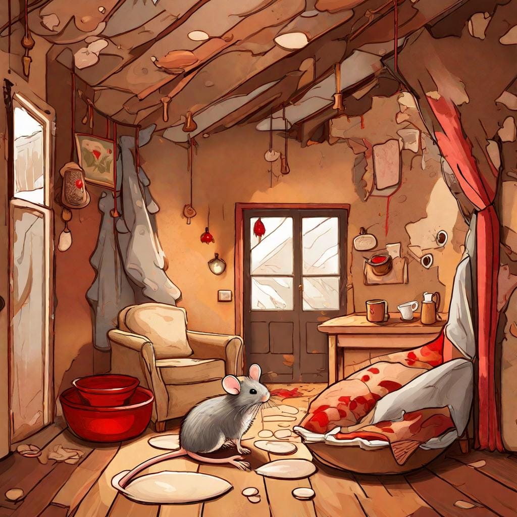 An illustration of a cozy home interior with mice peeking out from behind the walls, torn insulation visible, artistically depicting the impact of mice infestation on insulation, Illustration, inspired by the style of Beatrix Potter, color palette of earth tones with pops of red for the mice, facial expressions showing mischief and curiosity, warm lighting to create a homely atmosphere