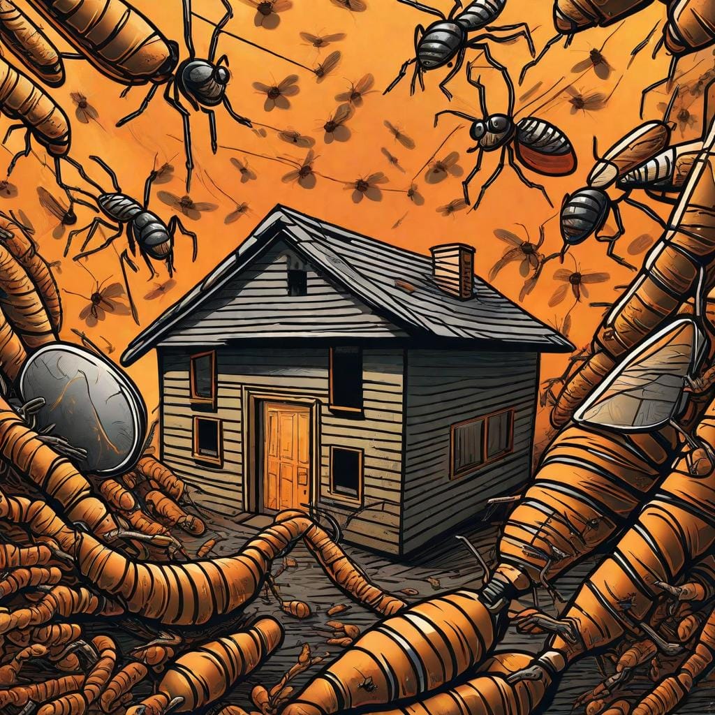The power of the termite bond will be presented through a dramatic digital illustration featuring two opposing forces. One side will depict a swarm of termites aggressively attacking a house, while on the other side, a protective shield in the form of a termite bond surrounds another house, shielding it from the destructive insects. The illustration will use vibrant colors to represent the intensity of the situation and expressions of fear and relief on the homeowners' faces.

