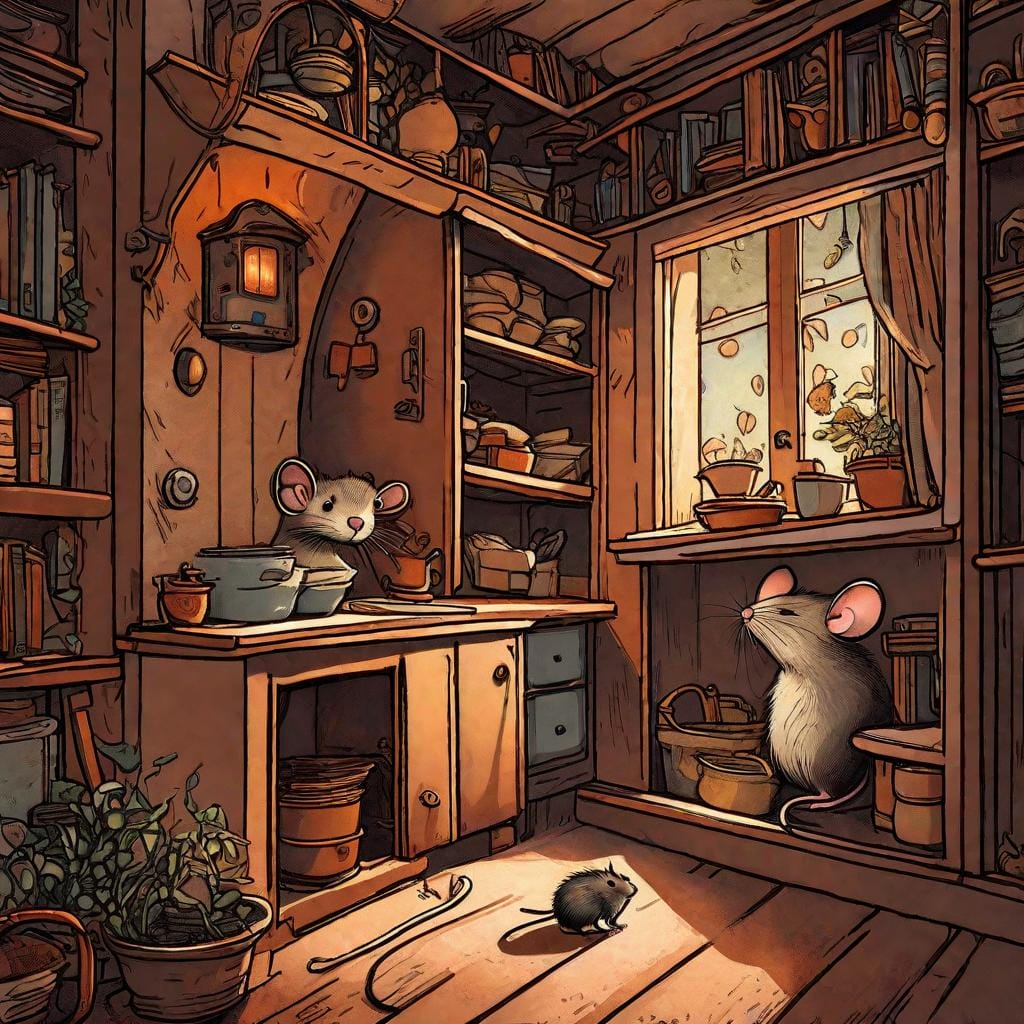 An intricate digital illustration depicting the interior of a human dwelling and a mouse exploring its way upstairs, capturing the rodent's search for food and shelter, reminiscent of the illustrations by Maurice Sendak, warm and inviting color scheme, curious and determined expression on the mouse, dim cozy lighting, slightly mysterious atmosphere