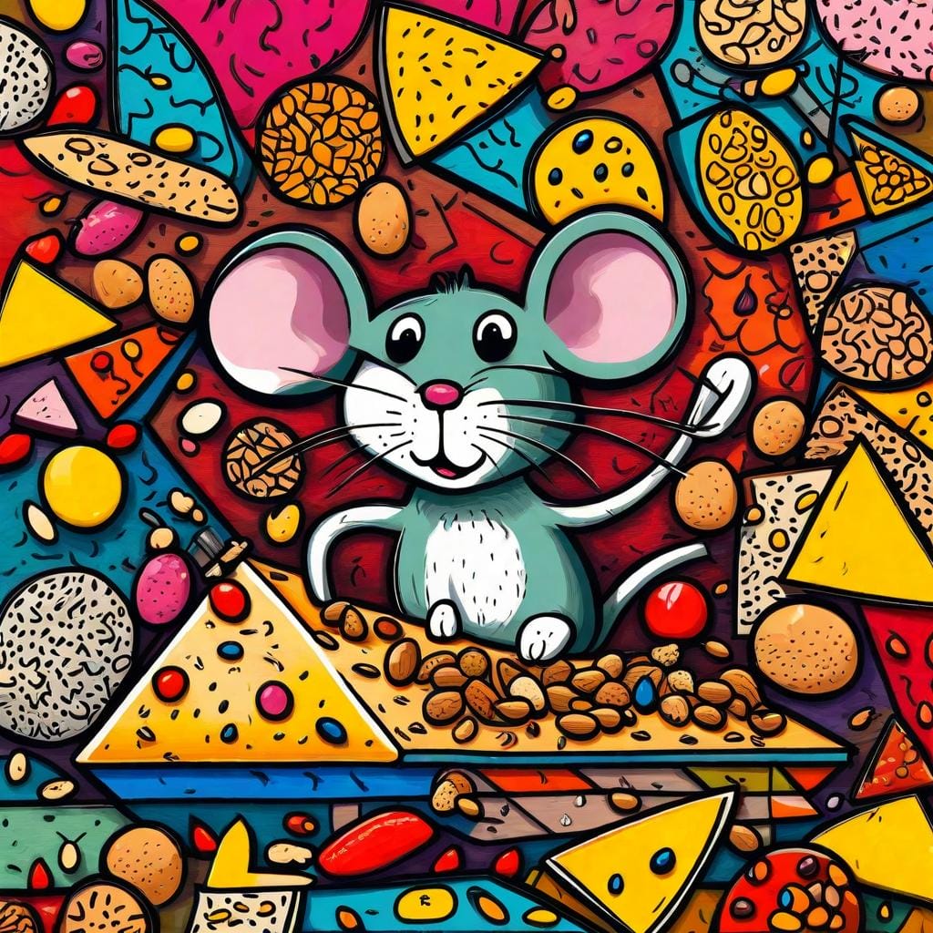 A whimsical illustration of a mouse surrounded by various natural bait options like peanuts, cheese, and seeds, creating a playful and colorful scene. Drawing inspiration from the vibrant art of Romero Britto, with bold patterns and bright colors. Color temperature: Warm and lively. Lighting: Bright and cheerful.

