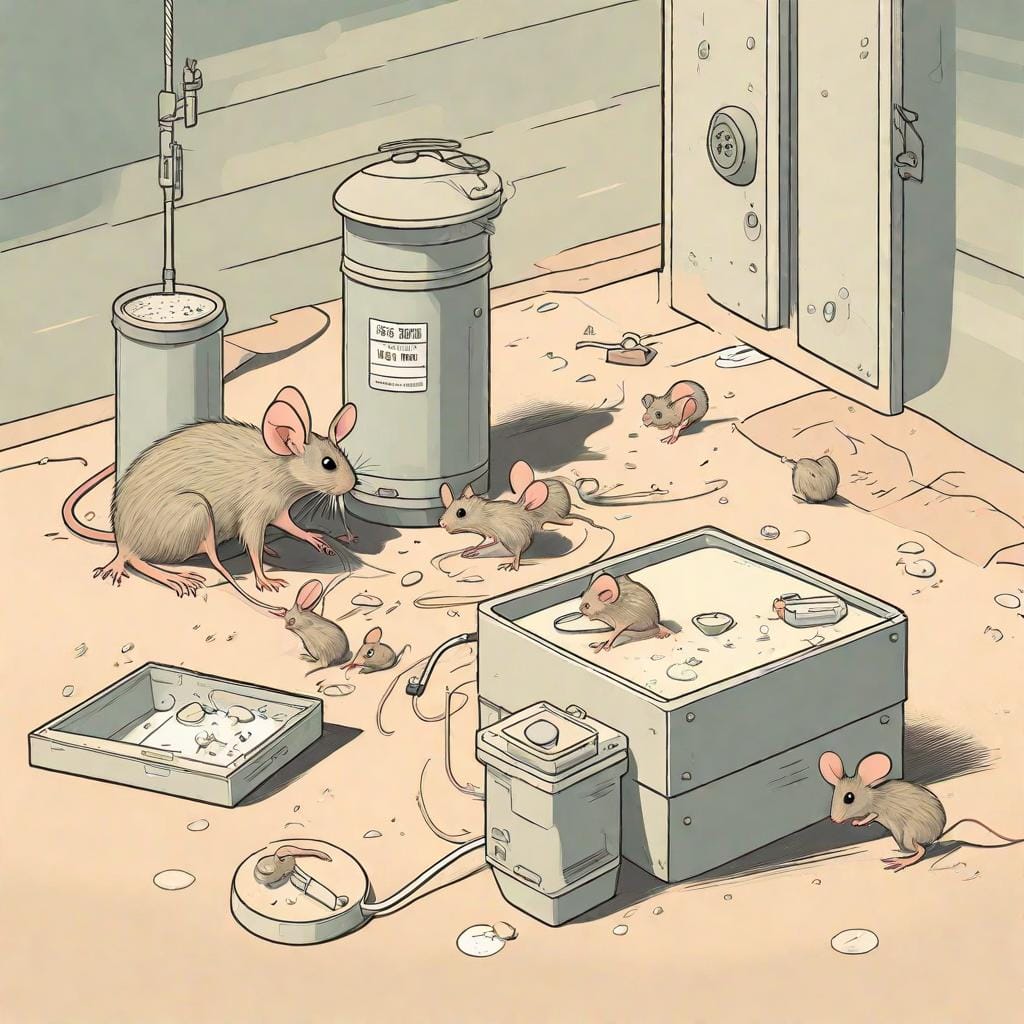 A detailed digital illustration depicting the safety considerations of mice bait, including a warning sign for harmful chemicals and a child-friendly bait station. Influenced by the modern and clean style of minimalism, with simple lines and a focus on essential elements. Color temperature: Neutral tones. Lighting: Soft and even.

