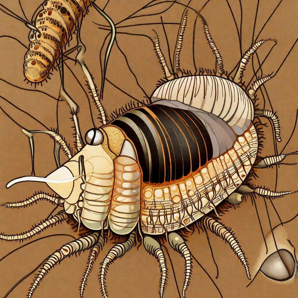 An intricate illustration showcasing the physical appearance of termite larva, highlighting their pale, soft bodies and segmented structure, detailed close-up of the larva with accurate features, artist inspiration: Charley Harper, --ar 16:9 --v 5 --stylize 1000

