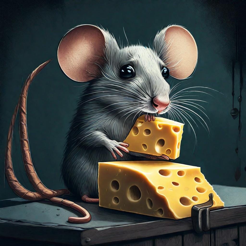An intricate digital illustration of a mouse nibbling on a piece of cheese in a dark corner, showcasing its curious behavior and attraction to bait. Inspired by the surreal style of Salvador Dali, with exaggerated features and dream-like elements. Color temperature: Cool tones. Lighting: Moody and mysterious

