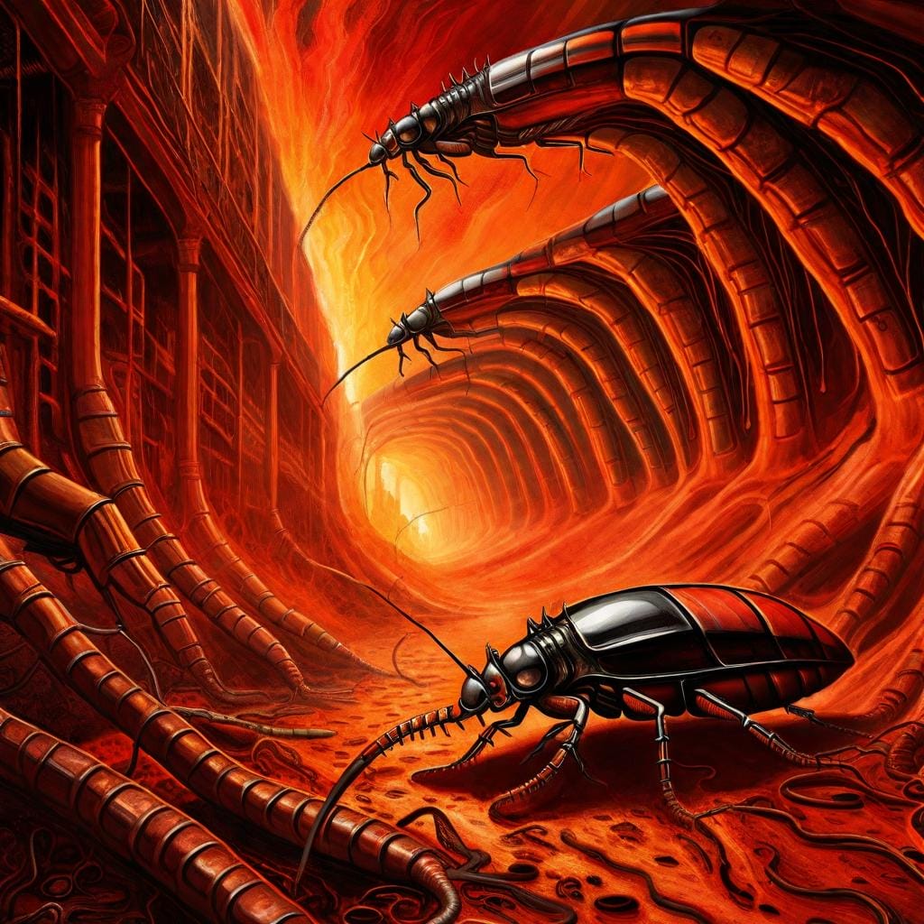  An intense, fiery scene with roaches scurrying away from a blazing heat source, detailed depiction of the roaches' struggle, the heat waves distorting the air,