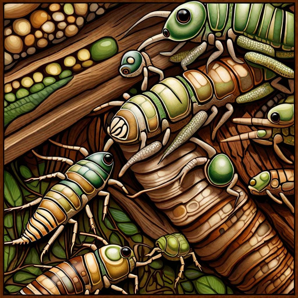 A detailed digital illustration of Termite Larvae crawling in a wooden structure, showcasing the life cycle stages, different species, and habitat 