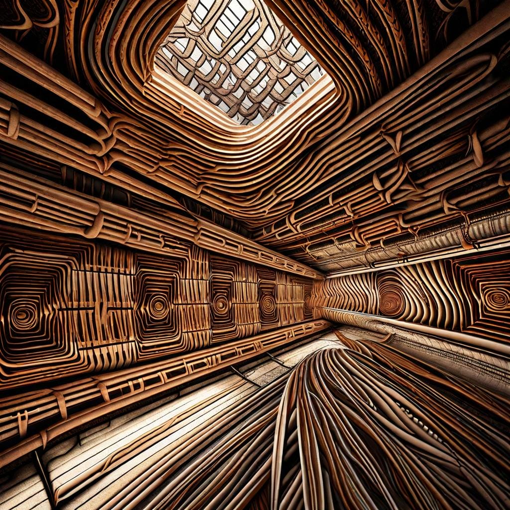 A detailed digital illustration of a termite tube weaving its way through a ceiling, highlighting the vulnerability of the structure, with intricate patterns and textures, inspired by the work of digital artist Alex Konstad, color temperature: earth tones, lighting: subtle shadows to emphasize the pattern, atmosphere: tense and foreboding