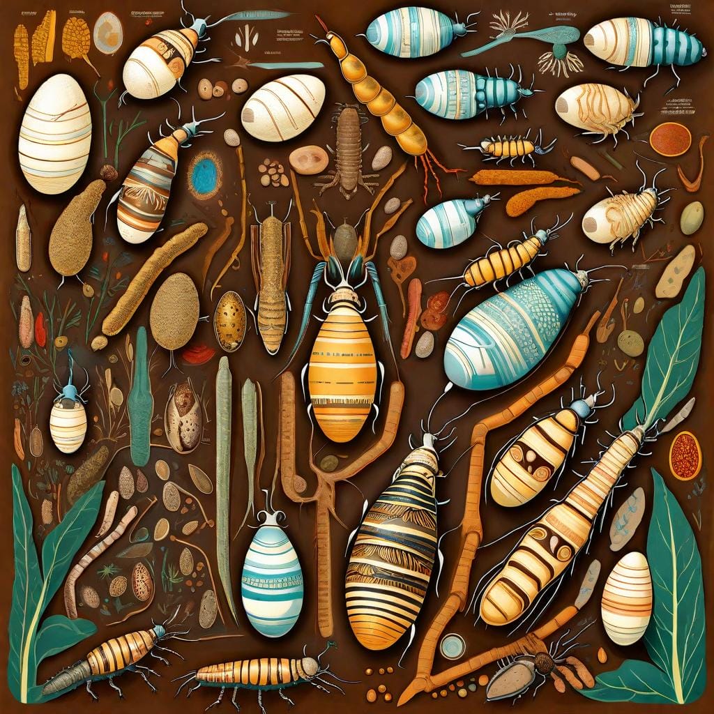 A detailed digital illustration depicting the life cycle of termite larva, from eggs to mature termites, showing different stages in a visually engaging manner, with a focus on the transformation process, vibrant colors representing growth and development, artist inspiration: Rachel Ignotofsky,

