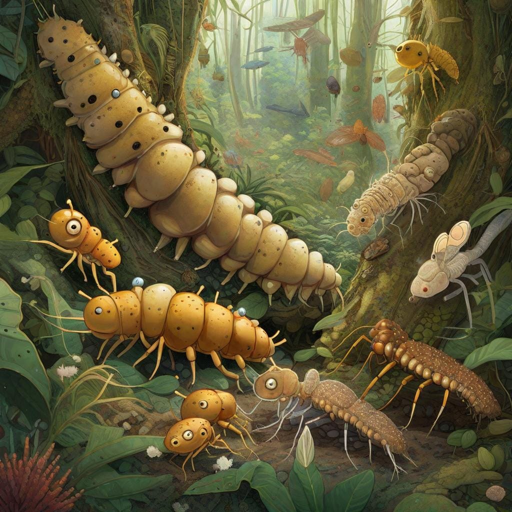 A captivating digital illustration portraying the relationship between termite larva and other organisms in the ecosystem, showcasing a symbiotic interaction between different species, emphasizing the interconnectedness of the ecosystem, artist inspiration: 