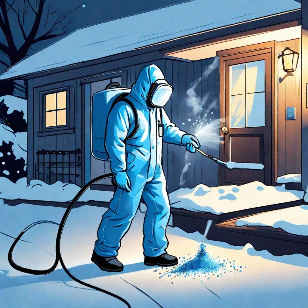 Pest Control team spraying Chemical Treatments to snow fleas 