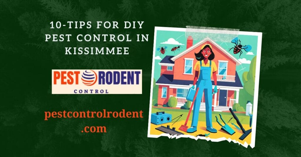 A bold and eye-catching illustration of a homeowner standing victorious over a defeated pest, surrounded by DIY pest control tools and a clean, pest-free home. The image represents the empowerment and confidence that comes with taking control of your own pest control needs. The bright colors and playful design make the topic of pest control more approachable and engaging, setting the tone for a helpful and informative blog post that provides 10 must-know tips for DIY pest control in Kissimmee.