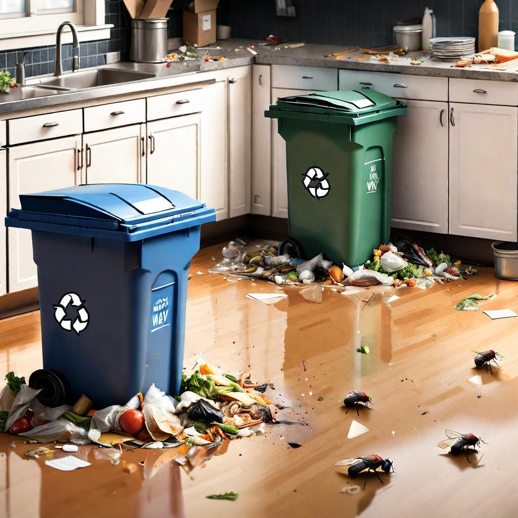 represent the positive outcome of practicing proper waste management. The contrast between the two scenarios would visually reinforce the importance of using sealed trash cans, disposing of garbage regularly, and cleaning up spills promptly to avoid attracting pests.

