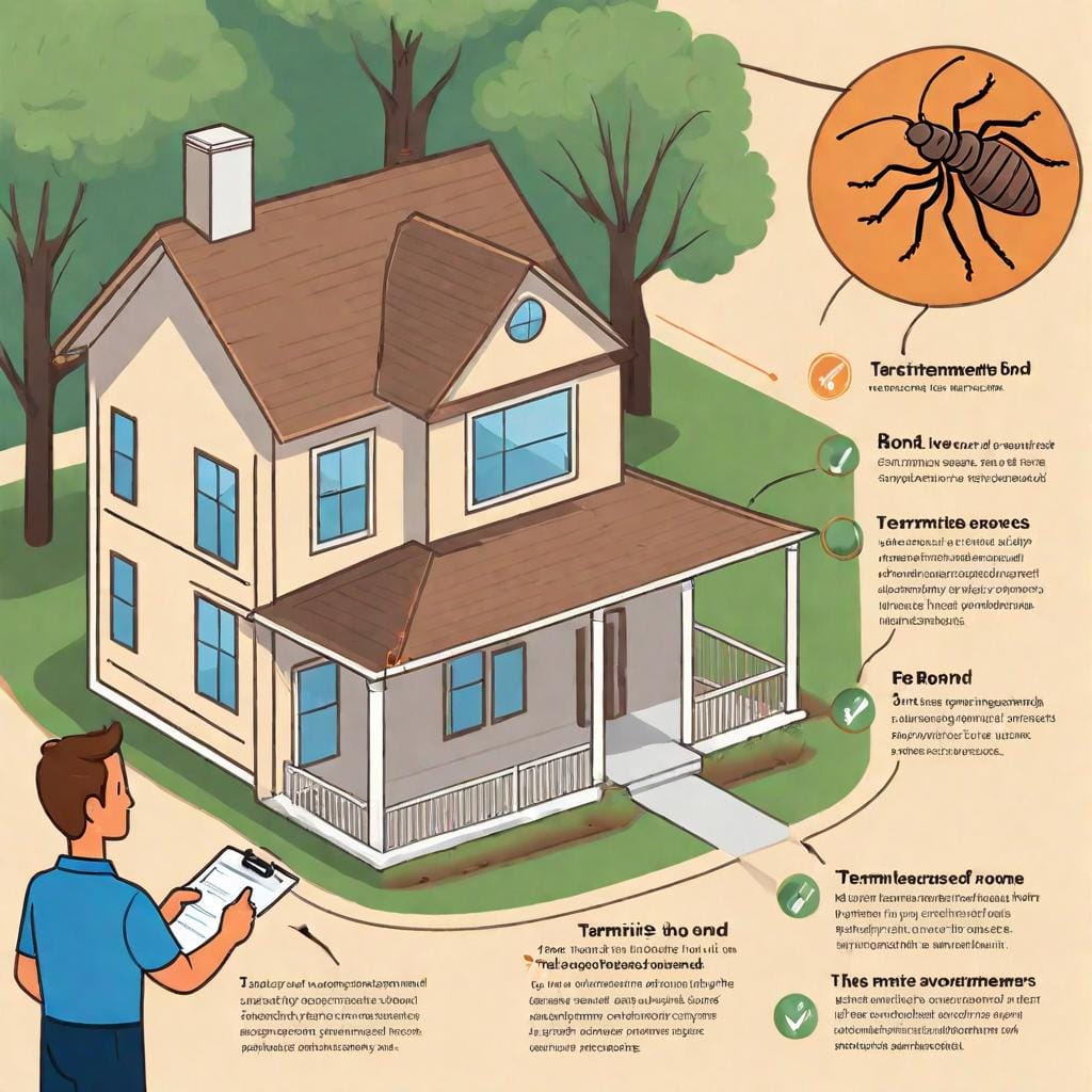 Infographic illustrating how a termite bond works. A house is protected by a termite bond shield, with a flowchart showing the process: inspection, treatment, and repairs. A pest control professional is shown inspecting the home, with a clipboard and a smile. The image explains the steps involved in a termite bond, providing clarity and understanding for homeowners.