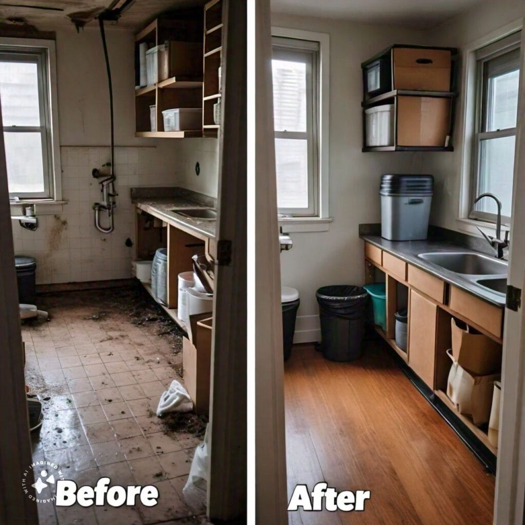A split-screen image with a "before" and "after" scenario.

Before (left side):

- A messy and cluttered room with food debris, crumbs, and spills on the floor.
- A leaky faucet dripping water onto the counter.
- A stack of boxes and clutter providing hiding spots for pests.

After (right side):

- A clean and tidy room with a swept and vacuumed floor.
- Airtight containers storing food, with no signs of crumbs or spills.
- A fixed faucet with no water leaks, and a decluttered space with no hiding spots for pests.