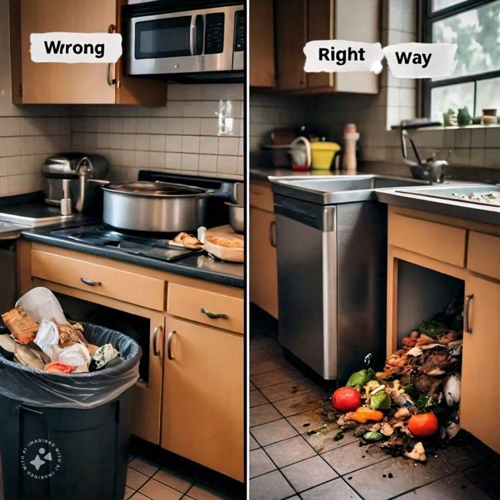 Proper waste management comparison. Left side: overflowing trash can, dirty kitchen counter, and fly buzzing around food waste. Right side: sealed trash can, clean kitchen counter, and secure compost bin with food scraps only.