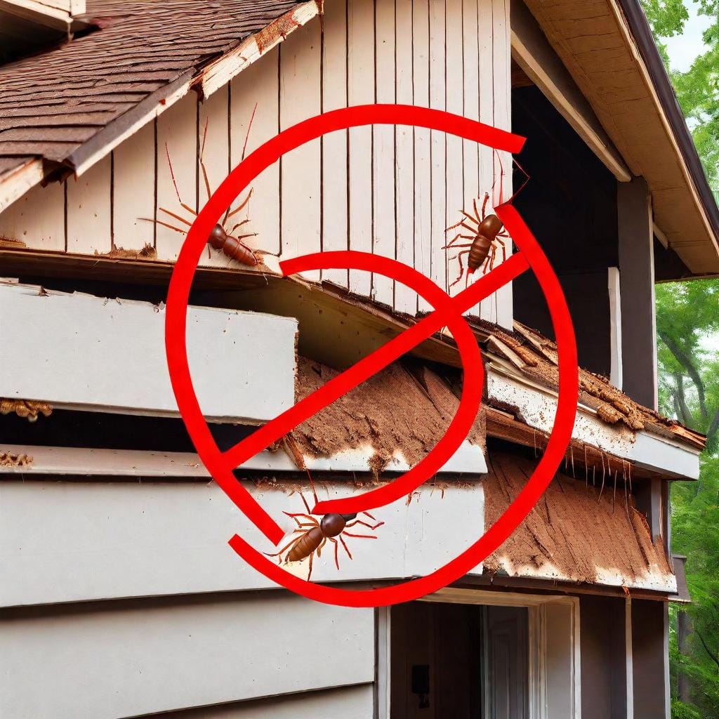 Illustration of termite bond protection. Left side: termite-infested home with damage and decay. Right side: protected home with shield and pest control professional inspecting. Representing the protection and peace of mind offered by a termite bond.