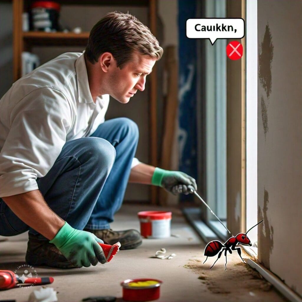 A picture of a person caulking a crack in a wall or window, with a red X symbol over an ant trying to enter