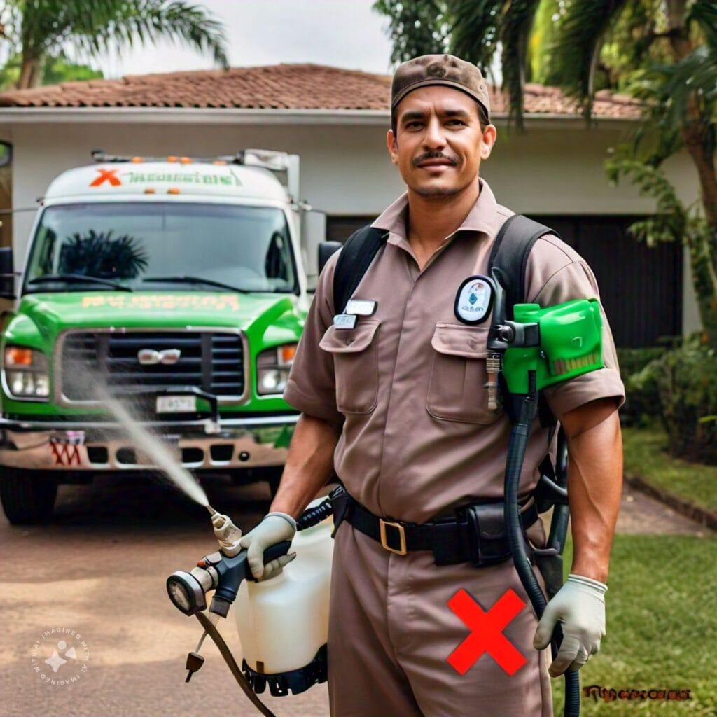 A picture of a pest control professional in uniform, holding a sprayer or other equipment, with a friendly and expert expression