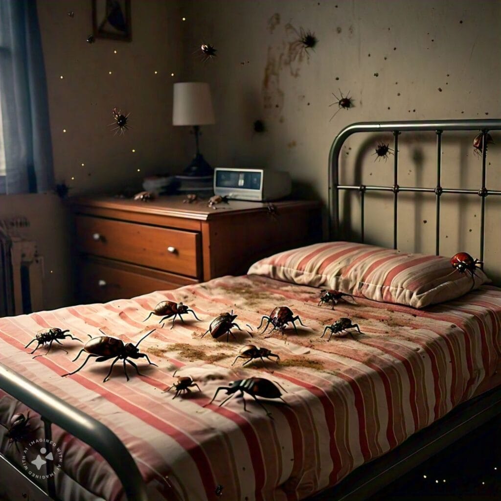 Small, flat, reddish-brown insects with six legs, feeding on human blood, with a caption 'Bed Bugs: Unwanted Bedfellow