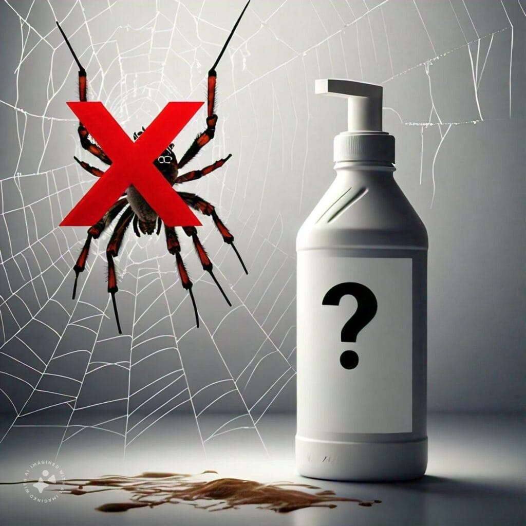 A spider in a web with a red "X" symbol over it, next to a bleach bottle with a question mark.
