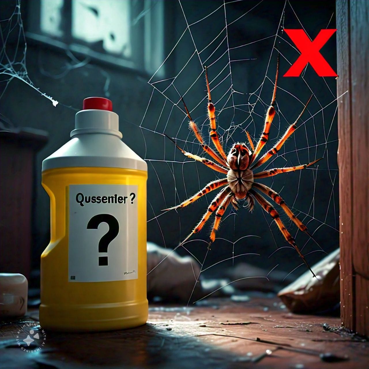 A spider in a web with a red "X" symbol over it, next to a bleach bottle with a question mark.