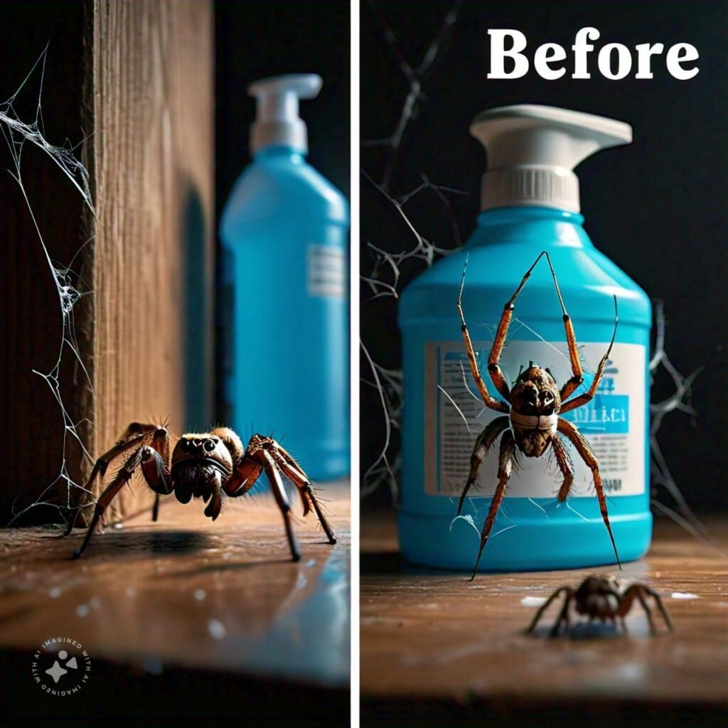 A before-and-after split-image, showing a spider alive on one side and a dead spider on the other, with a bleach bottle in the background.