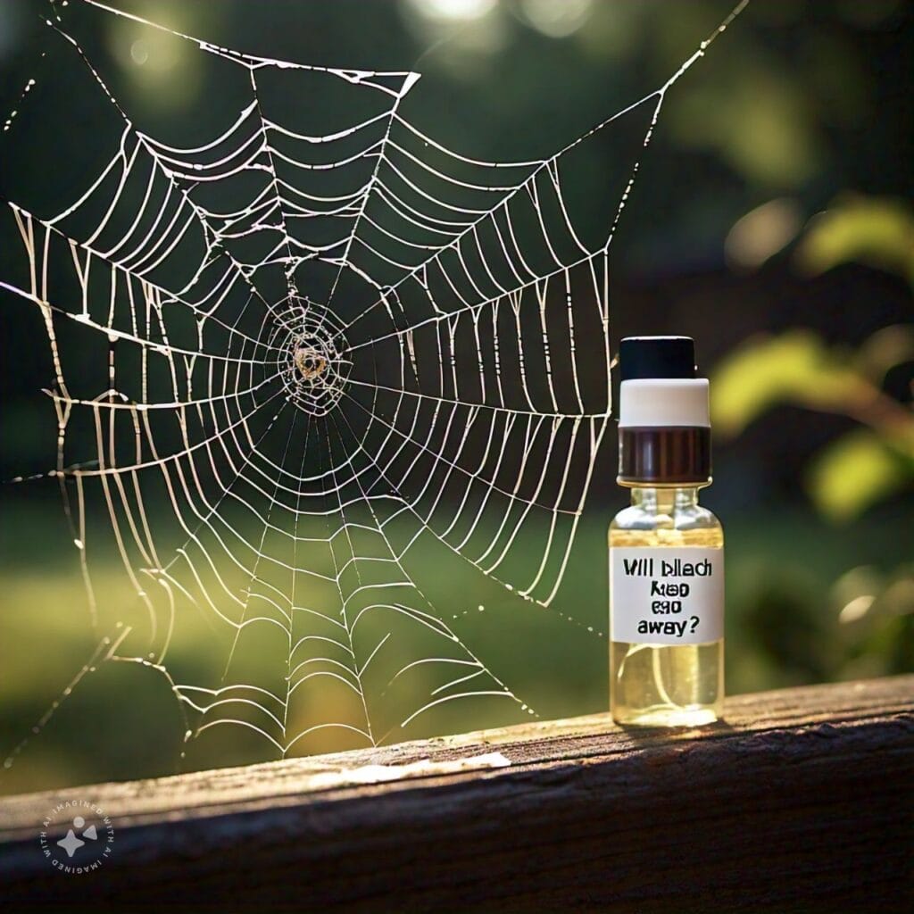 A spider web with a bleach bottle nearby, and a caption like "Will bleach keep spiders away