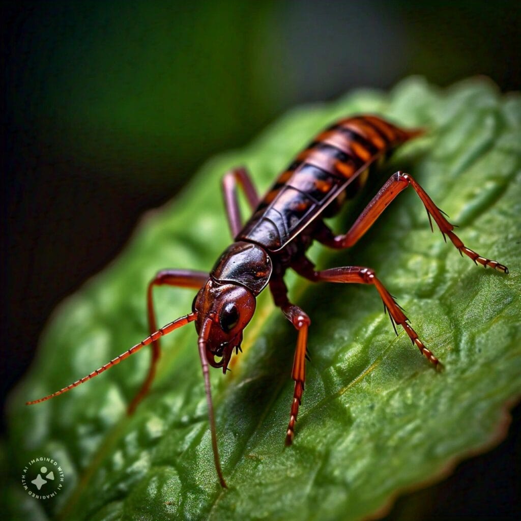 A close-up photograph of an earwig insect on a plant leaf, showcasing its distinctive pincers and antennae