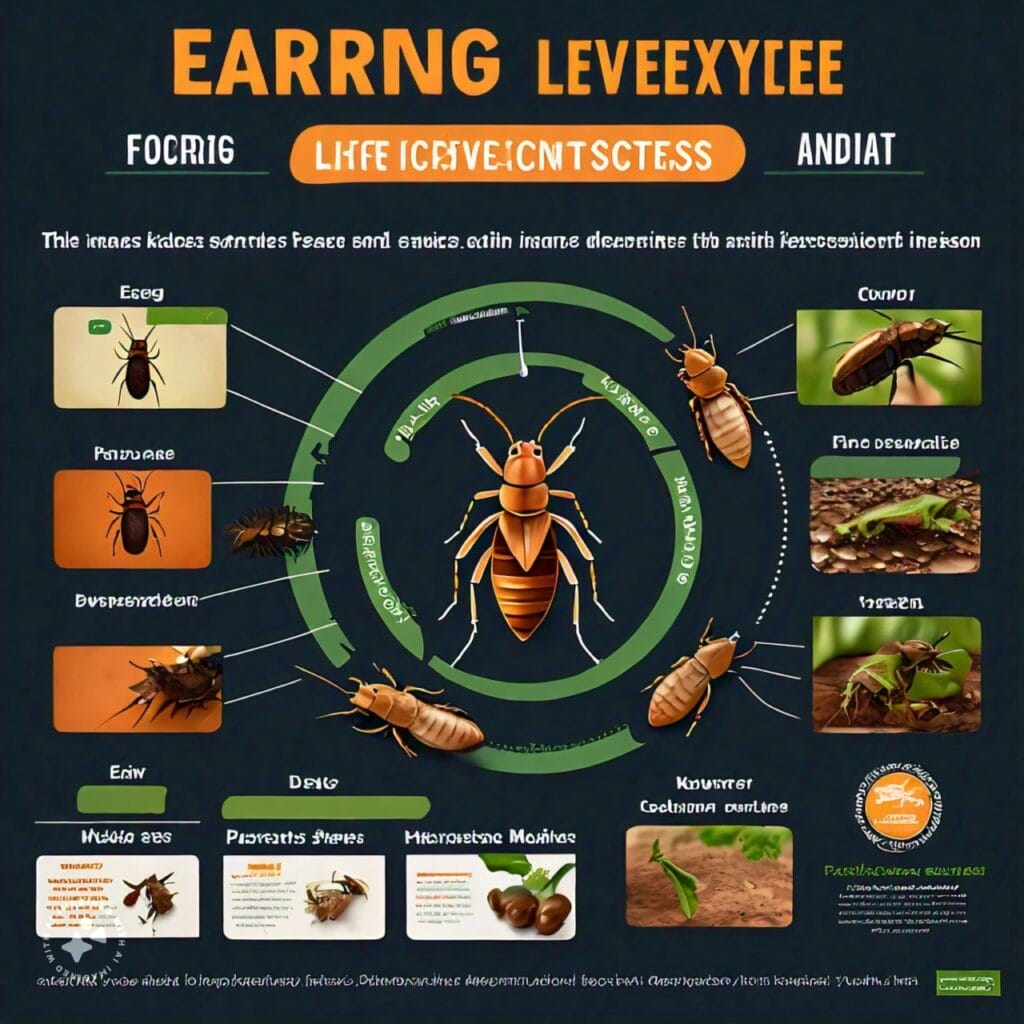 An infographic illustrating the lifecycle stages of earwigs, from egg to adult, alongside prevention methods such as:
Sealing entry points
Removing moisture sources
Decluttering and cleaning
Using traps and repellents
Sealing food and waste properly