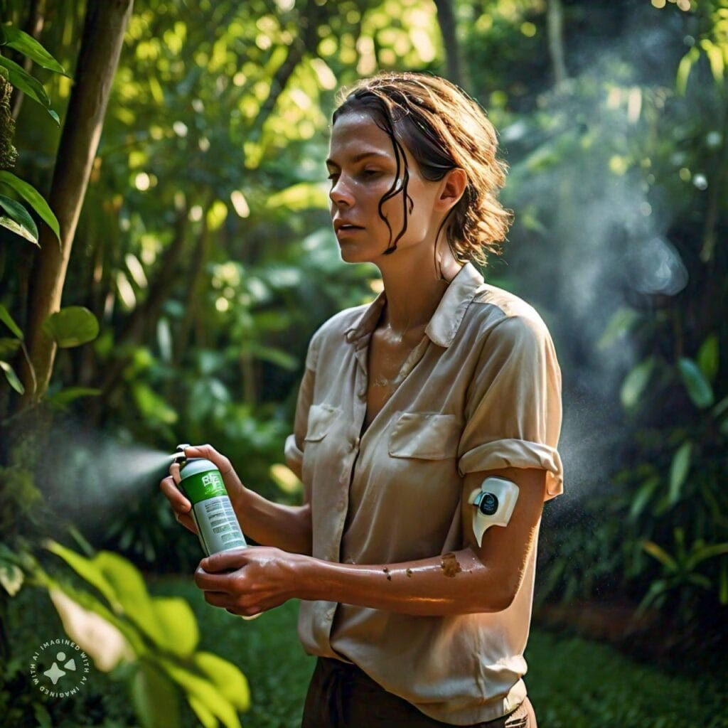 A person applying mosquito repellent spray outdoors, with a focus on the spray can and their arm and hand as they apply it to their skin.